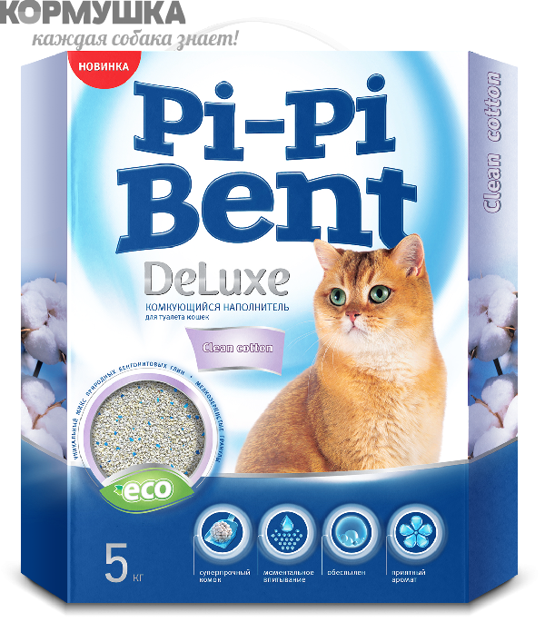 Pi-Pi-Bent "DeLuxe Clean cotton" с хлопком комк. наполнитель д/кошек 5 кг